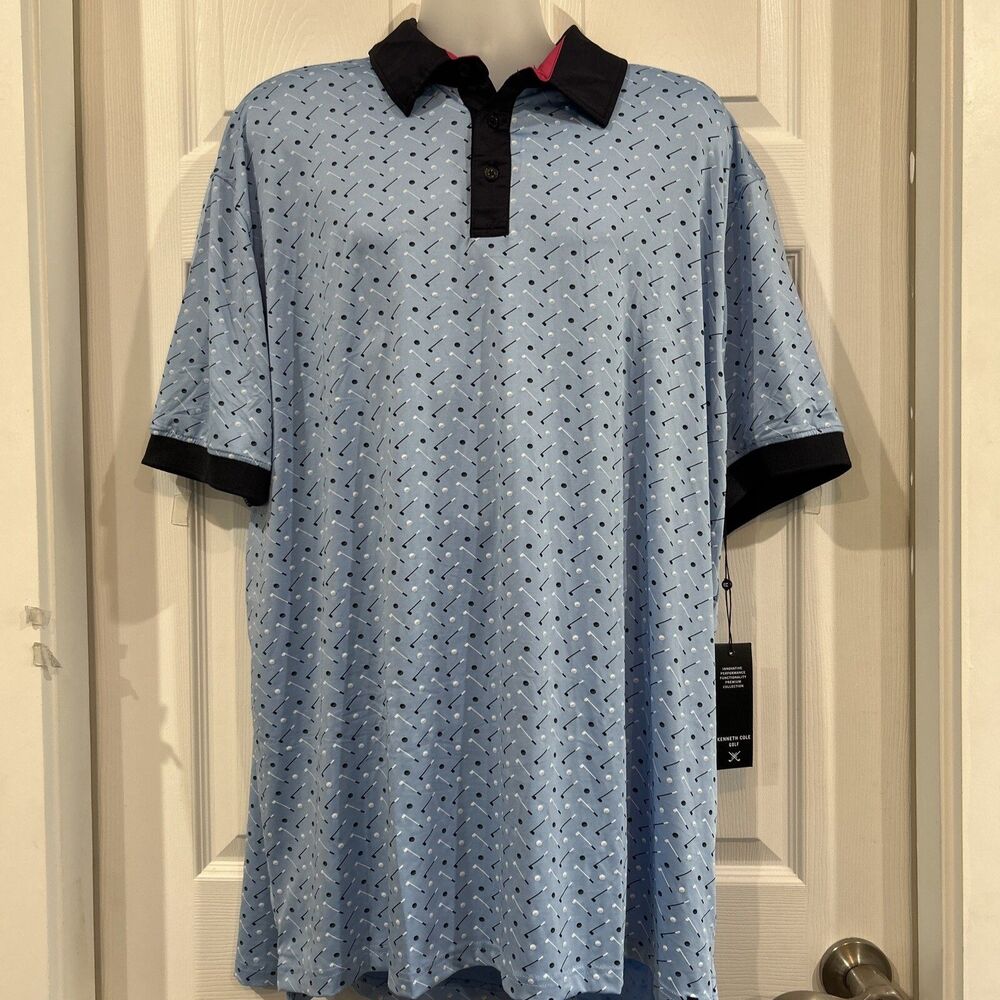 Kenneth Cole Men's 3X Golf Club Pattern Performance Blue Polo Shirt UPF 50+